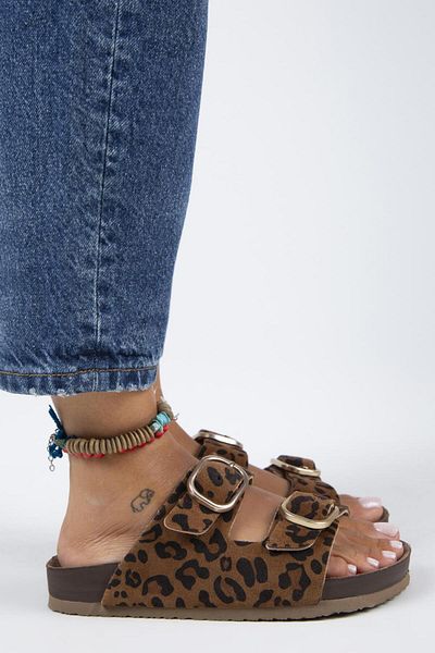 Manijero Jazmin Leopard Pattern - Genuine Leather Women's Slippers, Double Buckle