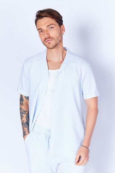 Manche Blue Seersucker Striped Men's Shirt - Pocket Detailed, Short Sleeve, Apple Collar| MES114629-01