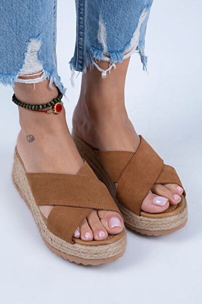 Manijero Γυναικείες γυναικείες γνήσιες δερμάτινες παντόφλες χιαστί διπλές λωρίδες Tan Suede παντόφλες