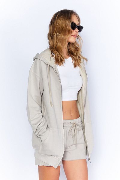 Manche Antique/Pale Effect Comfortable Cut Zippered Hooded Sweatshirt Cardigan| Stone MKW278855-01