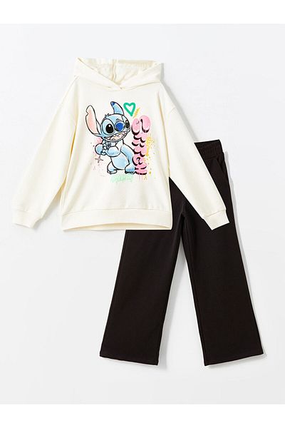 LC Waikiki Krémszínű kapucnis pulóver és leggings lányoknak - varrással nyomtatva