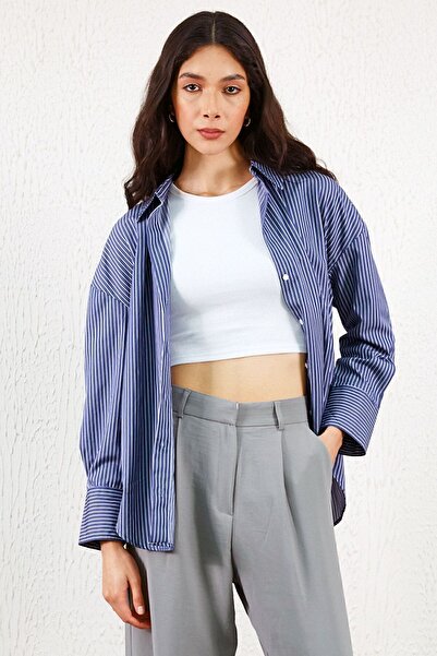 Manche İnce Çizgili Pamuk Saten Oversize Rahat Kalıp Kadın Basic Gömlek | Lacivert Mks167432-01 Iliedi001ii