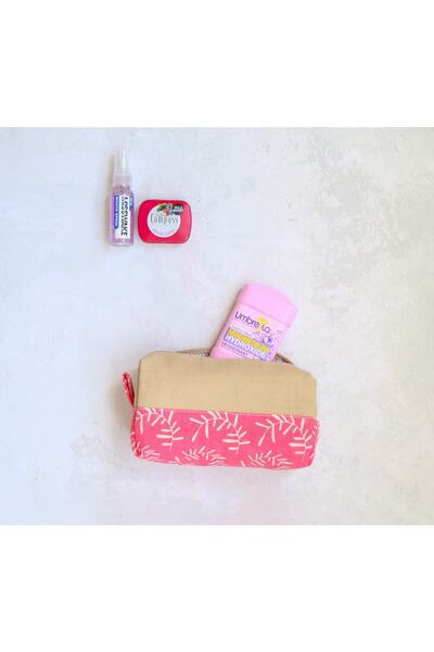 wolo -Dark Pink Leaf Patterned 100% Cotton Makeup Bag