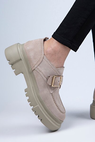 Manijero Gloria Women's Genuine Leather Loafer Belted Buckle Beige Suede Shoes