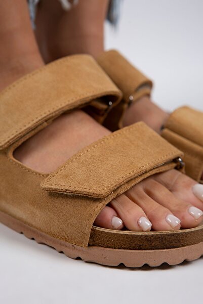 Manijero Γυναικείες παντόφλες από γνήσιο δέρμα Vina με διπλό Velcro Light Mustard