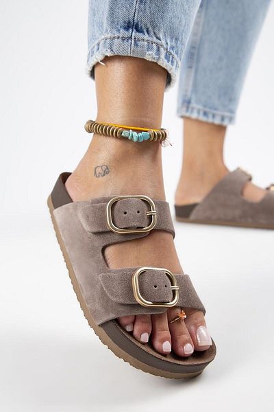 Manijero Jazmin Women's - Genuine Leather, Double Buckle Mink Slippers