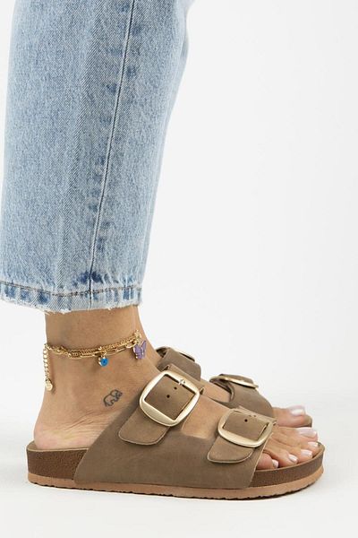 Manijero Irene Mink Gold Leather Genuine Slippers - Double Buckle, Antique Pattern
