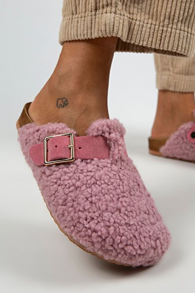 Manijero Γυναικείες υφασμάτινες γούνινες γούνινες παντόφλες με αγκράφα από γνήσιο δέρμα Suzen