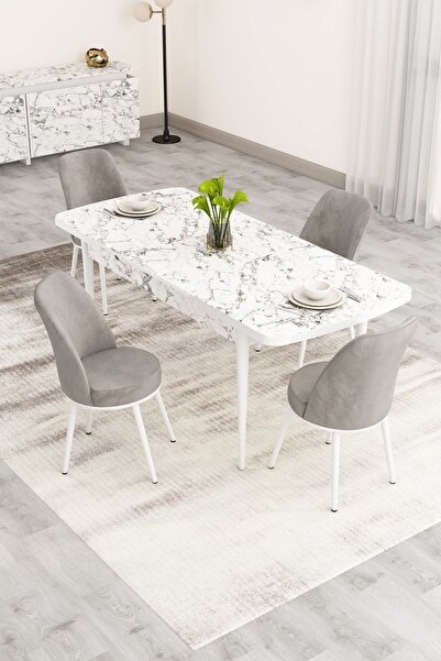 Canisa Nix Serisi Açılabilir 70x114 Beyaz Mermer Desen Mutfak Masası Takımı ve 4 Sandalye