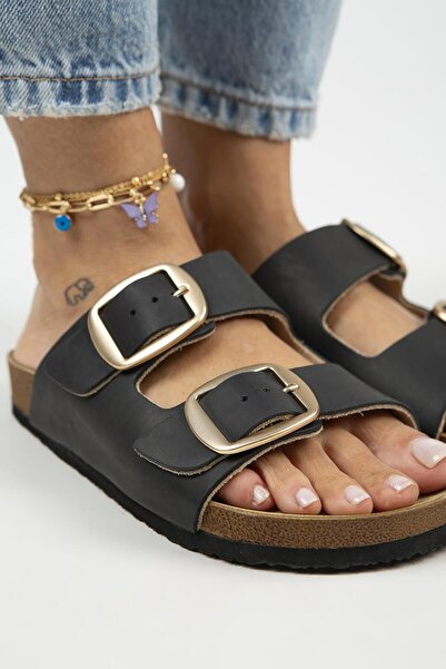 Manijero Irene Black Gold Slippers - Genuine Leather, Double Buckle, Antique