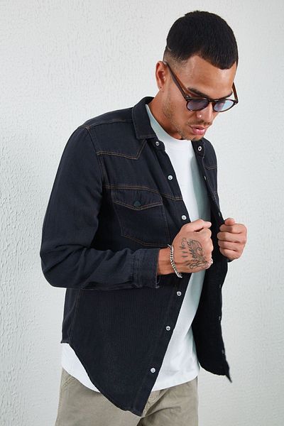 Manche Black Double Pocket Covered Denim Shirt Black