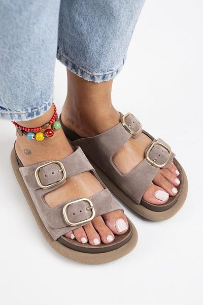 Manijero Lavanda Women - Genuine Leather, Double Buckle Mink Slippers