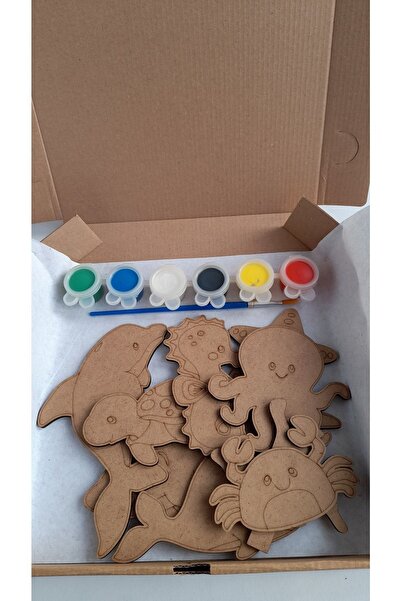 Ebrulisler Deniz Hayvanları 9'lu Çocuk Ahşap Boyama Aktivite Sanat Ahtapot Ba...