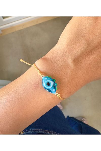 Atelier Çağla Blue Green Eye Glass Murano Evil Eye Bead Gold Color Bracelet