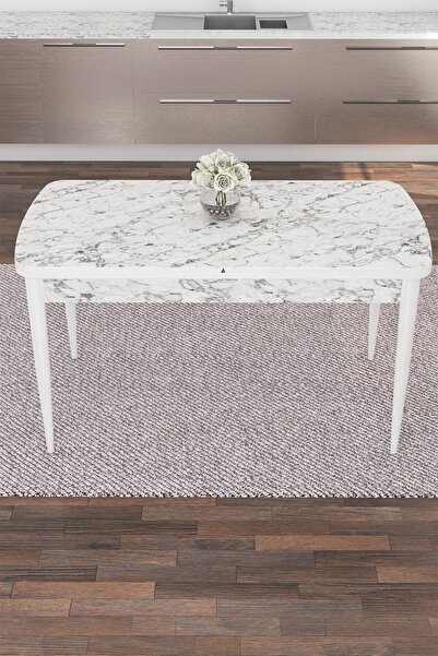 Canisa Nef Serisi 70x114 Açılabilir Mdf Beyaz Mermer Desen Masa Takımı Ve 6 Lacivert Sandalye