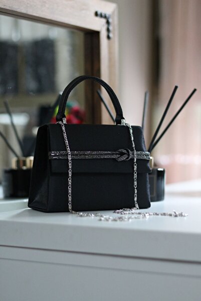 Moom Bag Γυναικεία τσάντα ώμου βραδινό φόρεμα με λεπτομέρεια από σατέν μαύρη πέτρα