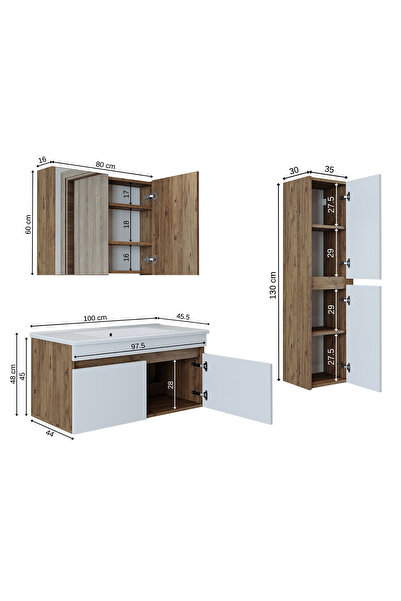 ROOMART '' Lavabolu '' Atlantik-beyaz Mat Mdf 100 Cm Banyo Alt Dolap + Aynalı Üst Dolap + Boy Dolap