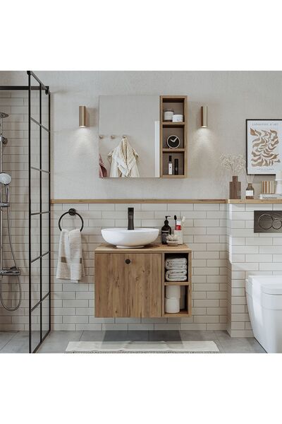 ROOMART Lavabolu Mdf 65 Cm Lotus Çekmeceli Banyo Dolabı + Aynalı Üst Dolabı