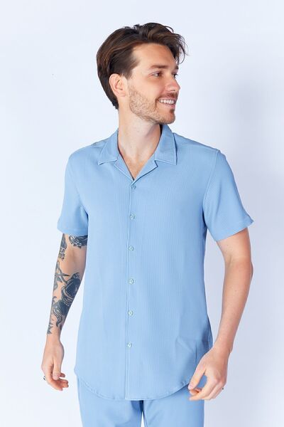 MAN EDITION Гъвкава мъжка риза в син цвят с османска тъкан - мандаринен яка, къс ръкав | Ee100117839-7839