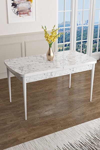 Canisa Han Serisi, 70x114 Açılabilir Mdf Mutfak Masası, Beyaz Mermer Desen Masa