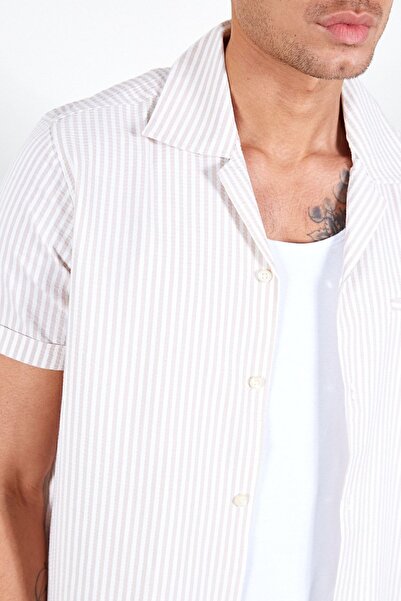 Manche Чоловіча сорочка бежевого кольору з коміром-стійкою - Mes116471-01-6471