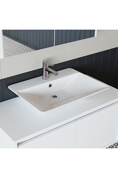 ROOMART Banos Banyo Ld7 Ayaksız 2 Kapaklı Lavabolu Mat Beyaz Mdf 100 Cm Banyo Dolabı