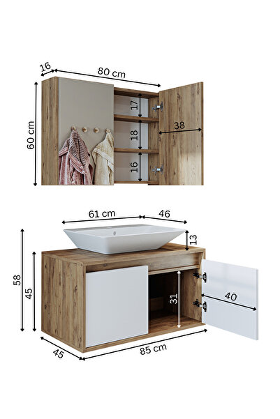 ROOMART Tm7.2 Ayaksız 2 Kapaklı Lavabolu Ahşap-mat Beyaz Mdf 85 Cm Banyo Dolabı+aynalı Üst Dolabı