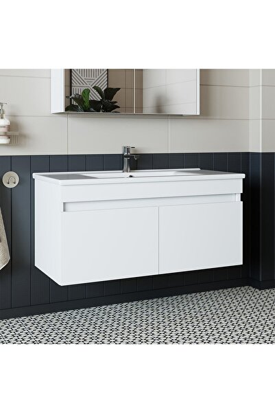 banos Roomart Ld3 Ayaksız 2 Kapaklı Lavabolu Beyaz Mdf 100 Cm Banyo Dolabı