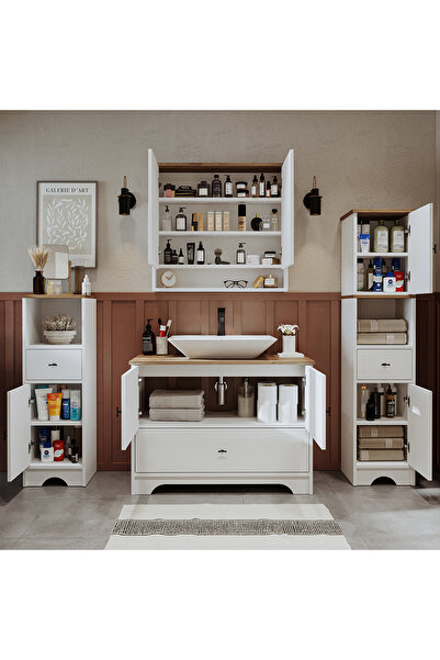 ROOMART Lavabolu Mat Beyaz Mdf 100 Cm Çekmeceli Banyo Dolabı + Aynalı Üst Dolabı + 2 adet Boy Dolabı