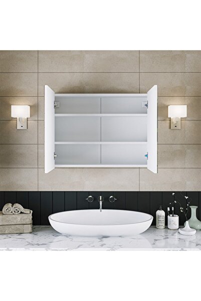 ROOMART Banos Banyo Ad7 Kulpsuz 2 Kapaklı Mat Beyaz Mdf 80 Cm Aynalı Banyo Üst Dolabı