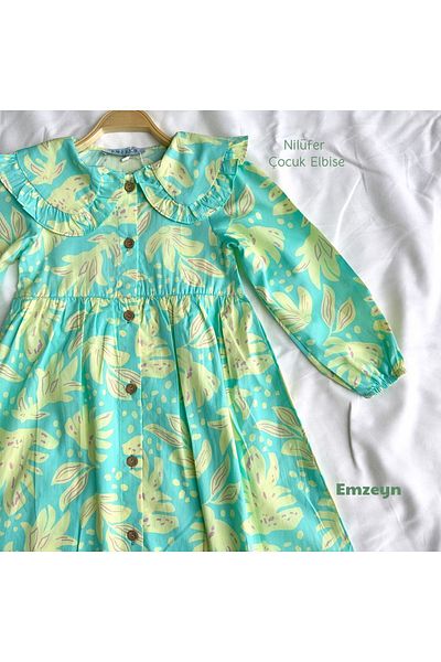 EMZEYN Water Green Yellow Floral Patterned Cotton Baby Collar Children's Dress