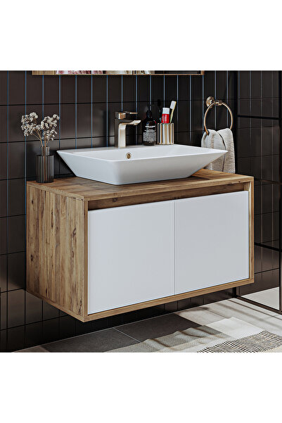 ROOMART Ld7 Ayaksız 2 Kapaklı Lavabolu Ahşap-mat Beyaz Mdf 85 Cm Banyo Dolabı