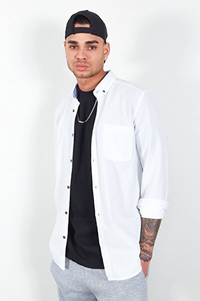 Manche Ανδρικό πουκάμισο Oxford White - 100% βαμβάκι, λεπτή εφαρμογή, γιακάς με κουμπιά |   Me23s 116596