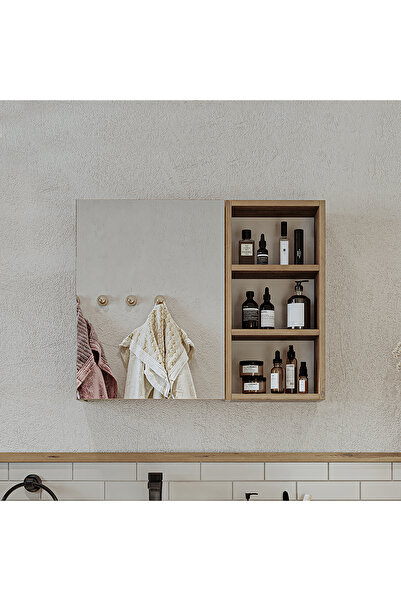 ROOMART Banyo Dolabı Kulpsuz Tek Kapaklı Atlantik Çam Mdf 75 Cm Aynalı Banyo Üst Dolabı