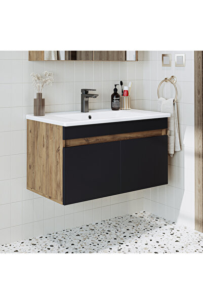 ROOMART '' Lavabolu '' Atlantik - Antrasit Mat Mdf 85 Cm Banyo Dolabı