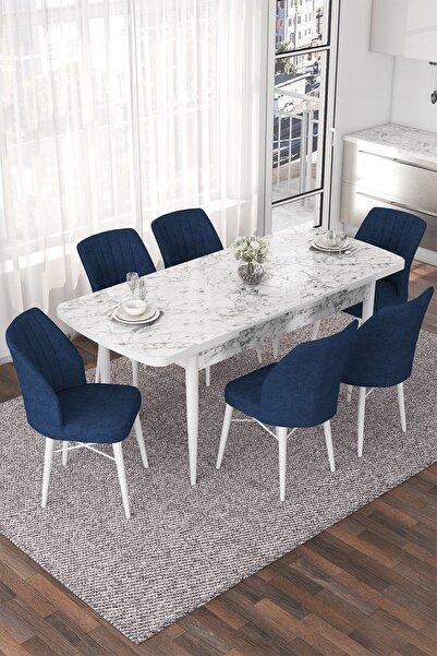 Canisa Nef Serisi 70x114 Açılabilir Mdf Beyaz Mermer Desen Masa Takımı Ve 6 Lacivert Sandalye