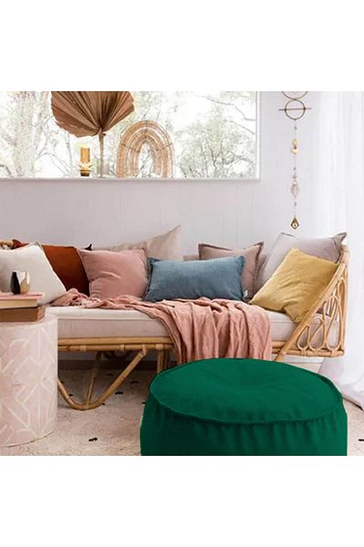 In House Round Decorative Linen Bean Bag - 70x25 cm - Dark Green