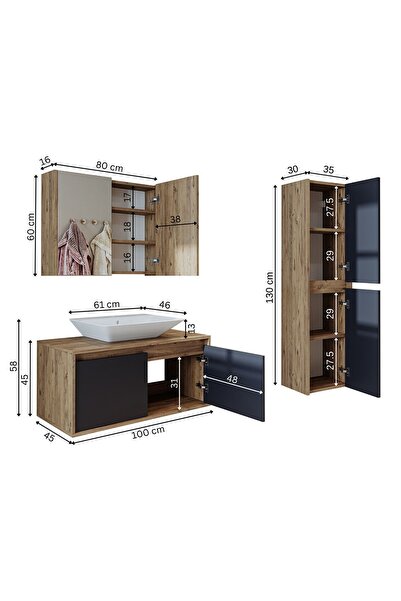ROOMART Roomarttm7.3 Lavabolu Ahşap-antrasit Mdf 100cm Banyo Dolabı+aynalı Banyo Üst Dolabı+banyo Boy Dolabı