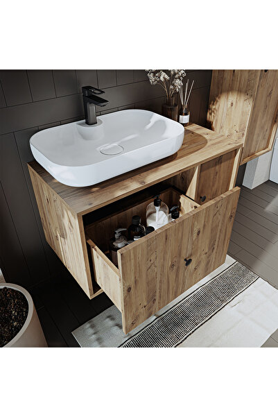 ROOMART Oval Lavabolu Mat Mdf 90 Cm Çekmeceli Banyo Dolabı + Aynalı Üst Dolabı