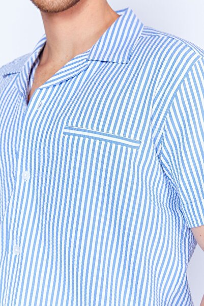 MAN EDITION Мъжка риза - Saks Gofre на райета, с джоб, къс ръкав, мандарин яка Ee100114629-4629