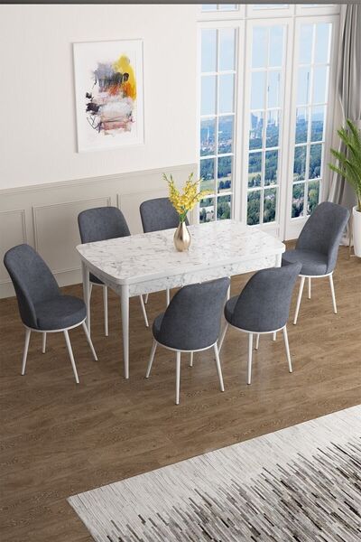 Canisa Han Serisi 70x114 Açılabilir Mdf Mutfak Masası Takımı Beyaz Mermer Des...