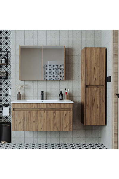 ROOMART '' Lavabolu '' Atlantik Mat Mdf 100 Cm Banyo Alt Dolap Aynalı Üst Dol...