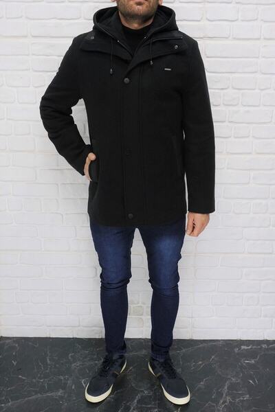 DYNAMO Men's Black Hooded Wool Blended Stamp Coarse