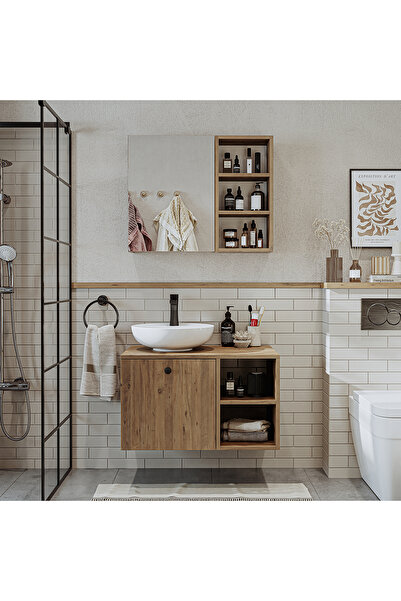 ROOMART Lavabolu Mdf 75 Cm Lotus Çekmeceli Banyo Dolabı + Aynalı Üst Dolabı