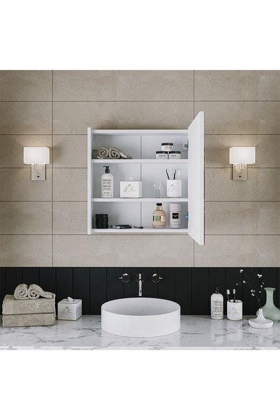ROOMART Banos Banyo Ad7 Kulpsuz Tek Kapaklı Mat Beyaz Mdf 60 Cm Aynalı Banyo Üst Dolabı