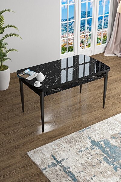 Canisa Han Serisi, Siyah Mermer Desen 70x114 Açılabilir Mdf Yemek Masası Takımı, 4 Lacivert Sandalye