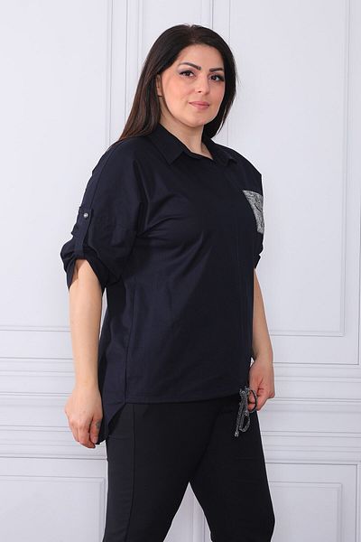 etselements Women's Navy Blue Butterfly Printed and Elastic Shirt