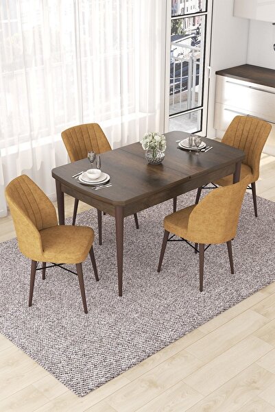 Canisa Nef Serisi 70x114 Açılabilir Mdf Barok Ahşap Desen Masa Takımı Ve 4 Cappucino Sandalye