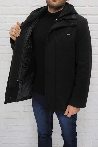 DYNAMO Men's Black Hooded Wool Blended Stamp Coarse