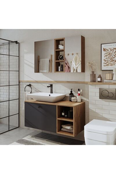 ROOMART Lavabolu Mdf 95 Cm Lotus Çekmeceli Banyo Dolabı + Aynalı Üst Dolabı